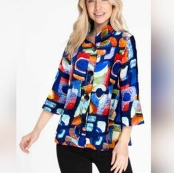 Ali Miles Colorful Abstract Patterned Coat Bell Sleeve Career Artsy Contemporary - Picture 1 of 12